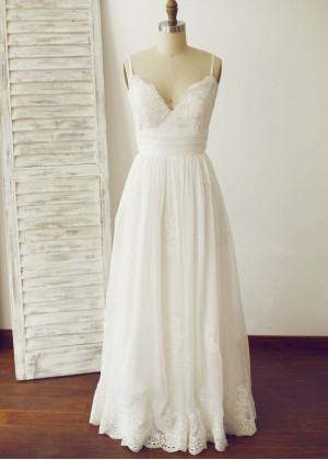 Thin Straps Ivory Lace Chiffon Long Wedding Dress